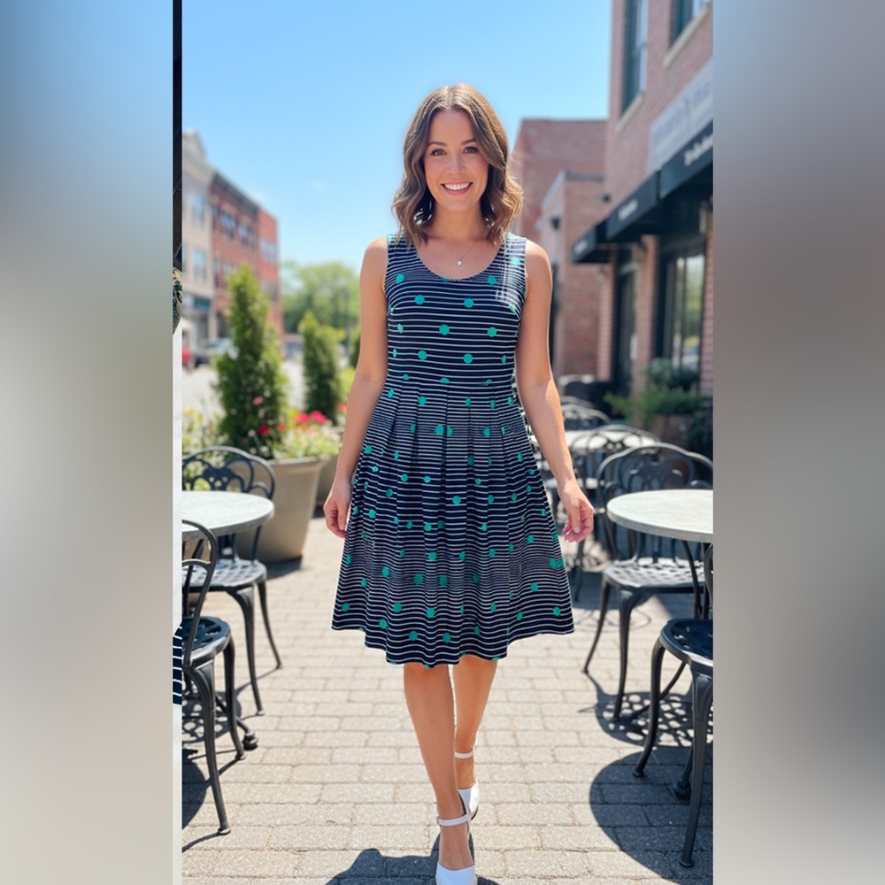 Women’s Sleeveless Navy White Striped & Green Polka Dot Fit-and-Flare Dress, S-6